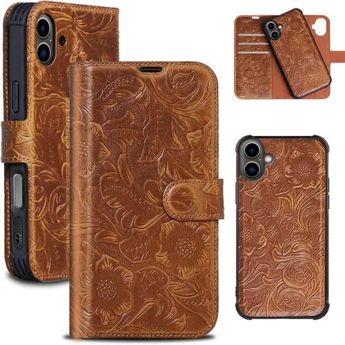 Miniatura 19 de Funda de cuero compatible con iPhone 16 Pro Max Cartera 6.9", cuero genuino 2 en 1, magnética, desmontable, a prueba de golpes, funda tipo folio