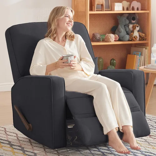 Miniatura 17 de Tbfit Silla reclinable giratoria de 360°, mecedora de guardería con soporte lumbar para dormitorio, cómodo sillón tapizado con almohadas y Beige