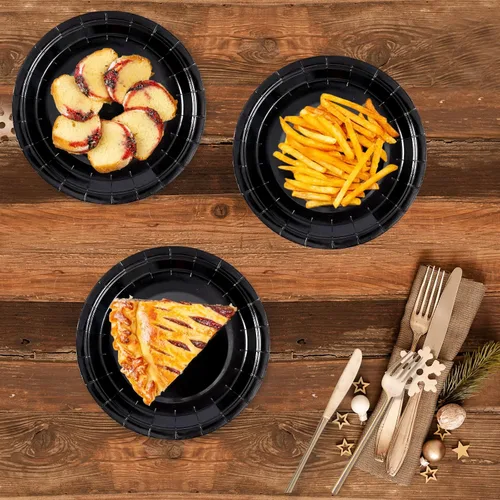 Miniatura 6 de Platos de Papel Desechables Negros, 50 Unidades Platos de Postre para Pastel de 7 Pulgadas a Granel para Suministros de Fiesta, Platos de Fiesta