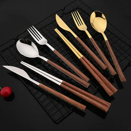 Miniatura 2 de JASHII Juego de cubiertos reutilizables de 24 piezas, acero inoxidable dorado, tenedor, cuchara, palillo y mango cuadrado de madera, servicio