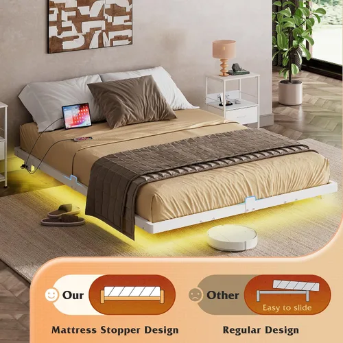 Miniatura 7 de WLIVE Base de cama flotante tamaño Queen, plataforma de metal resistente de 1500 libras con luz LED y estación de carga, no necesita somier, fácil
