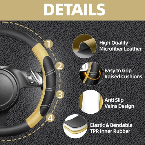 Miniatura 3 de NBTEPEM Juego de 6 accesorios de automóvil beige, funda de cuero deportivo para volante de 14.5 a 15 pulgadas, universal, funda de cuero