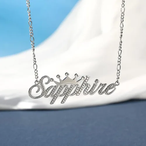 Miniatura 2 de Drawelry Collar con nombre personalizado de dos tonos con placa de oro de 18 quilates, chapado en doble corazón, placa con dije de placa de nombre