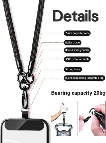 Miniatura 4 de Cordón para teléfono, correas antirrobo 3 en 1, cordón cruzado, soporte para el cuello y correa para la muñeca, correa universal desmontable