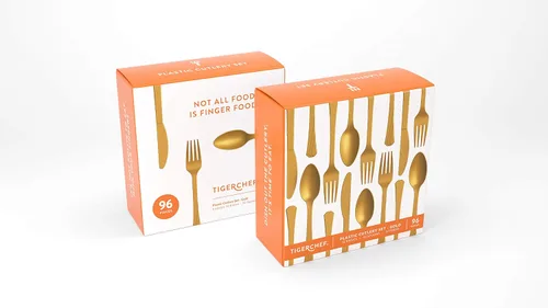 Miniatura 2 de Tiger Chef - Cubertería de plástico de color resistente, incluye tenedores, cucharas para el té y cuchillos, Dorado
