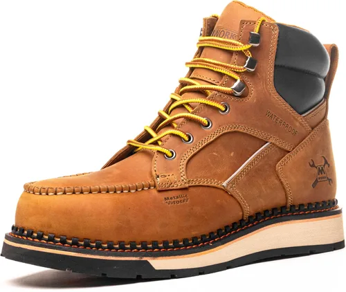 MWORK Botas de trabajo con punta de mocasín de 6 pulgadas para hombre, suela de cuña, impermeable, ASTM F2413-18, punta metálica de seguridad,