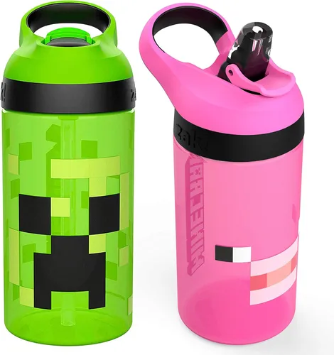 Zak Designs Minecraft - Botella de agua para niños con popote y asa de transporte integrado, hecha de plástico, diseños de botellas de agua a prueba