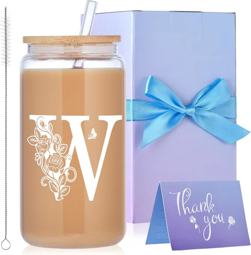 Miniatura 24 de Vasos de vidrio con iniciales con tapas y pajitas, regalos con monograma para mujeres, vaso de vidrio de cerveza de 16 onzas, taza de café helado