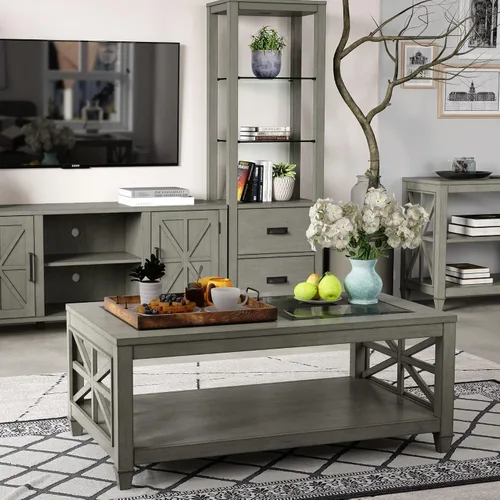 Miniatura 9 de Mesa de centro de madera maciza con tapa de vidrio templado, mesa rectangular para sala de estar con estante de almacenamiento de 2 neumáticos, mesa