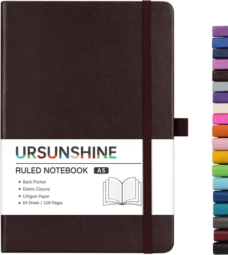 Miniatura 62 de Cuaderno punteado, diario, 5.3 x 8.26 pulgadas, tapa dura, prémium, papel grueso, doble espiral, bandas, cuero negro sintético, lazo para bolígrafo