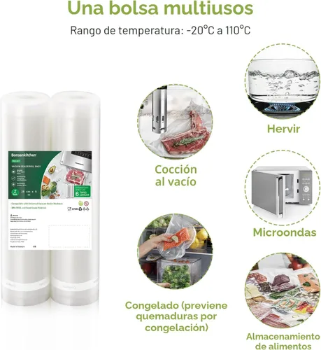 Miniatura 2 de Bonsenkitchen Bolsas Selladoras al Vacío, Rollos de 11" x 20' Paquete de 2 para Conservación de Alimentos, Sin BPA, Resistente, Rollo de Alimentos