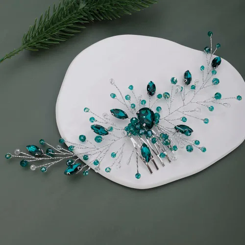 Miniatura 3 de Teyglen Peines delicados para el cabello de boda, color dorado y plateado, con diamantes de imitación verdes, peine lateral de cristal, accesorios