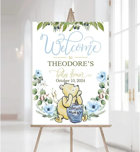 Miniatura 7 de Letrero de bienvenida personalizado de Pooh, cartel de bienvenida al baby shower, baby shower de oso Pooh, revelación de género, decoraciones