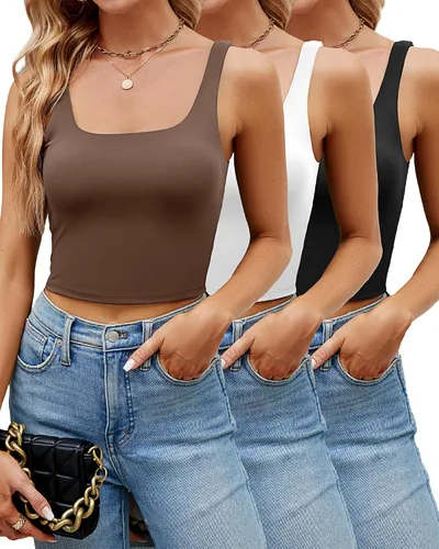 Locoowai 3 piezas de camiseta sin mangas para mujer, cuello cuadrado, camiseta sin mangas para fitness, informal, básica, para entrenamiento, yoga,