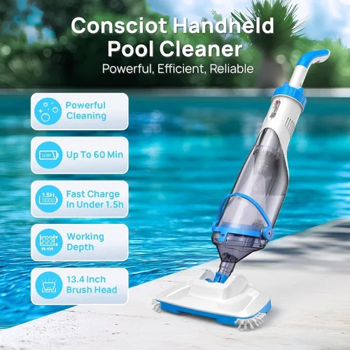 Miniatura 2 de Consciot Aspiradora de piscina de mano con poste telescópico, succión de 18.5 GPM, hasta 1 hora de tiempo de funcionamiento, limpiador inalámbrico