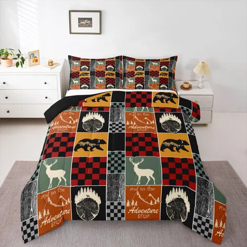 Miniatura 201 de Juego de edredón de oso y ciervo, tamaño individual, ropa de cama de animales salvajes de caza, colcha rústica de cabaña, casa de campo, cuadros