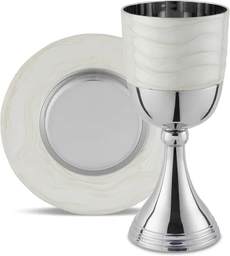 Miniatura 9 de Lujoso juego de copas de Kidush en caja de regalo - Níquel pulido y esmaltado (gris oscuro) Elegante copa de vino de 5.75" pulgadas y bandeja a