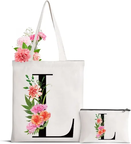 Miniatura 9 de Bolsa de lona con letra inicial personalizada, regalo para el día de la madre, damas de honor, novia, cumpleaños, boda Flower-D