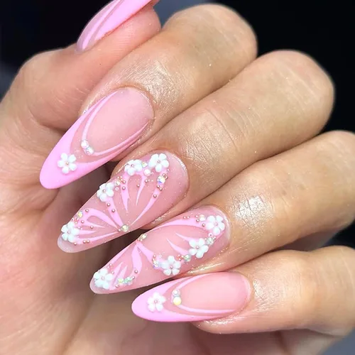 Miniatura 21 de Uñas postizas medianas a presión de almendra, con lazo 3D, perlas y diamantes de imitación, diseños de flores, uñas adhesivas, uñas acrílicas