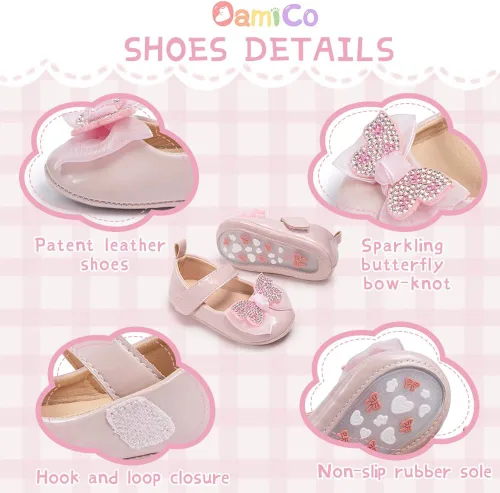 Miniatura 5 de Zapatos planos Mary Jane para bebés y niñas, suela de goma antideslizante con Bownot para primeros pasos, zapatos de vestir de boda de princesa