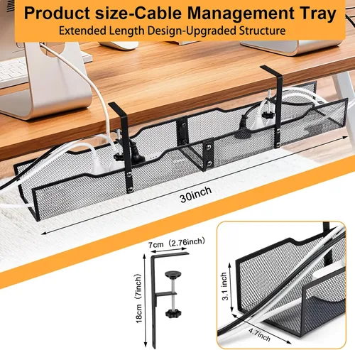 Miniatura 2 de Bandeja de organización de cables para debajo del escritorio, organizador de alambre de malla metálica de longitud extendida con soporte