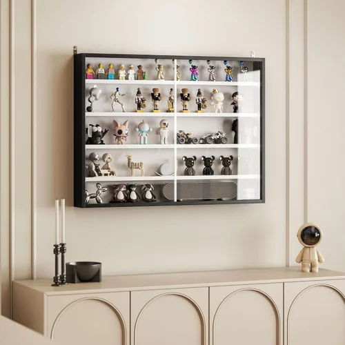 Miniatura 8 de HOMCOM Vitrina de 5 niveles, armario de puerta de vidrio con estantes ajustables, vitrina de pared para sala de juegos, dormitorio, blanco y negro