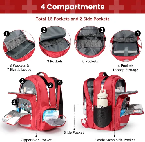 Miniatura 3 de Gatycallaty Mochila de primeros auxilios Emt Bolsa de primeros auxilios Vacía Ems Emergencia Salud en el Hogar Senderismo Trauma Viajes Camping Rojo