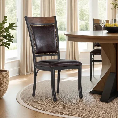 Miniatura 4 de Powell Furniture Franklin - Juego de 2 sillas de comedor de metal y piel sintética con clavos acentuados en madera, color marrón oscuro