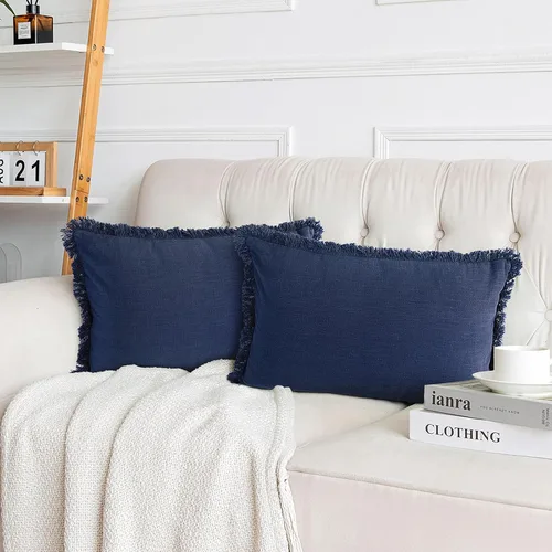 Miniatura 22 de AmHoo Paquete de 2 fundas de almohada de lino con borlas con flecos decorativas rústicas naturales para cojín de sofá, sofá, dormitorio 16 x 16 Beige