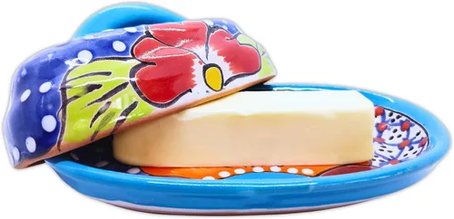 Miniatura 2 de Mantequera de Cerámica Talavera con Tapa Pintada a Mano, Auténtica Cerámica Mexicana de Cocina, Diseño Floral (Agua)