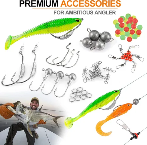 Miniatura 9 de PLUSINNO Caña de pescar telescópica y carrete, kit de aparejos de pesca de 212 piezas con caja de aparejos