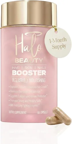 Halo Beauty Suplemento para la piel y las uñas | Crecimiento del cabello más grueso, piel radiante y uñas fuertes con biotina, palma enana americana