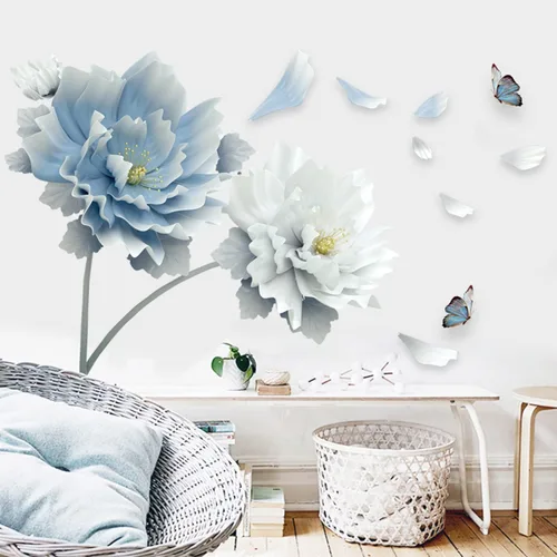 Miniatura 3 de Calcomanías de pared florales de mariposa de flores azules, calcomanías de pared para manualidades, murales, despegar y pegar, extraíble