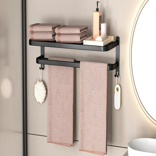 Miniatura 4 de Toalleros Negros de 15 Pulgadas para Baño con Barras Dobles para Toallas, Soporte de Montaje en Pared de Lavabo con Ganchos, Estante de Baño