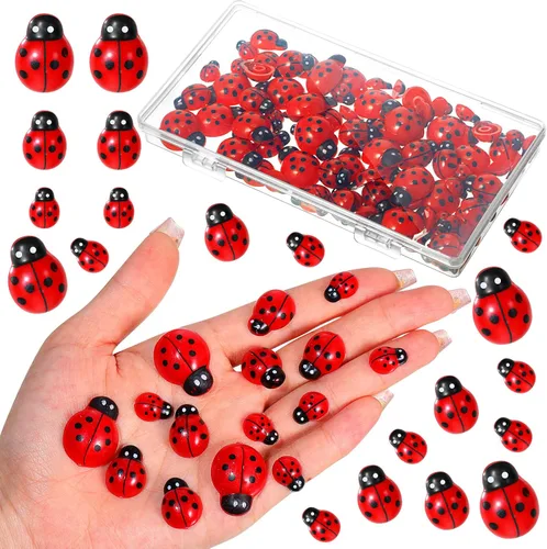 Hicarer 100 piezas de decoración de mariquita para manualidades, mini resina de mariquita plana, colgantes de epoxi, pequeños adornos con caja para