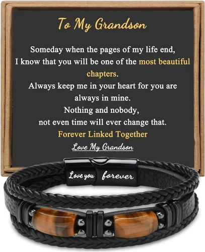 Miniatura 9 de Regalos únicos para hombres, pulsera de cuero para hombres, papá, novio, hijo, nieto, hermano, te amo para siempre, piedra ojo de tigre, día