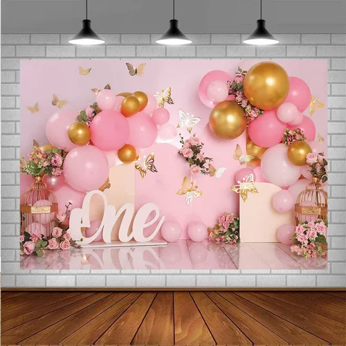 Miniatura 7 de Telón de fondo de 1er cumpleaños para niña, globos rosados, mariposa dorada, dulce para niños, decoración de fiesta de cumpleaños, fotografía