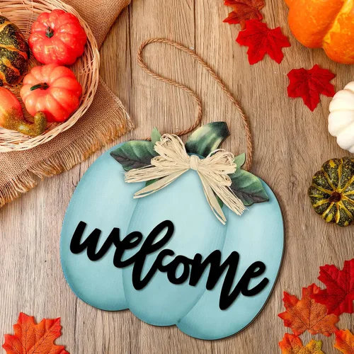 Miniatura 4 de Jetec Letrero de bienvenida de calabaza de otoño, colgante de puerta de Acción de Gracias, decoración de calabaza de madera, letrero colgante
