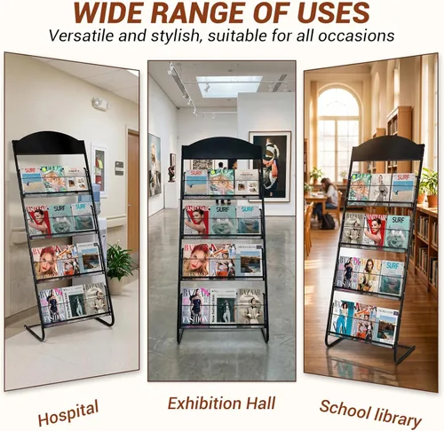 Miniatura 10 de 4-Tier Magazine Stand, 24.8'' Wide Iron Brochure Holder, Metal Newspaper & Literature Display Rack for Office, Waiting Room, Lobby, Classroom &