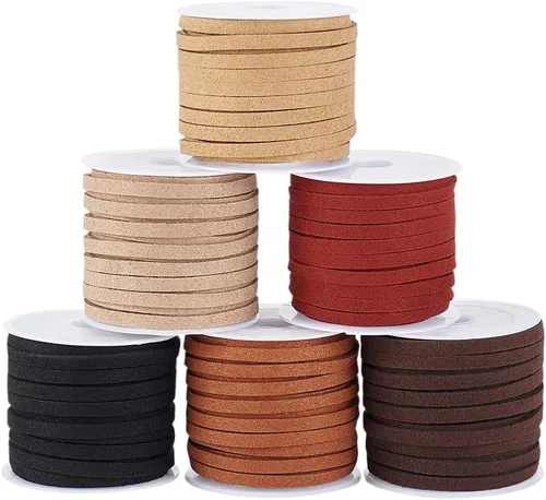 PH PandaHall Cordón de gamuza sintética de 33 yardas, 0.157 in, microfibra plana, 6 colores, cordón de terciopelo con cuentas de encaje, cordón de 6