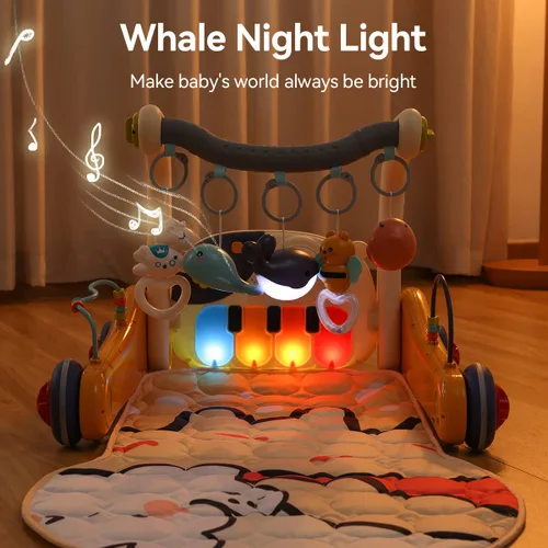 Miniatura 5 de Tapete de juego para bebé, 4 en 1, piano para patear y jugar, tapete para el tiempo boca abajo, centro de actividades musicales con luces, asiento