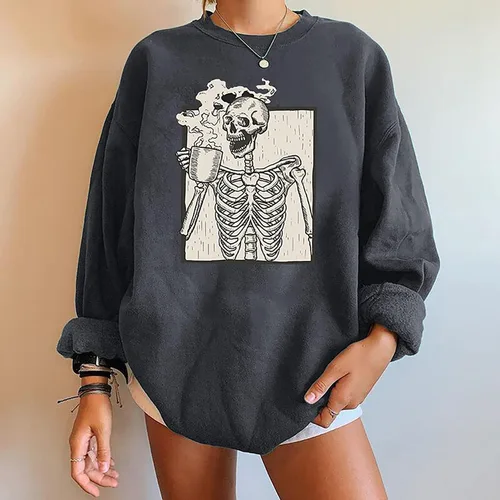 Miniatura 3 de Meladyan - Sudadera de forro polar con estampado de calavera de Halloween de gran tamaño, cuello redondo, manga larga, hombros caídos