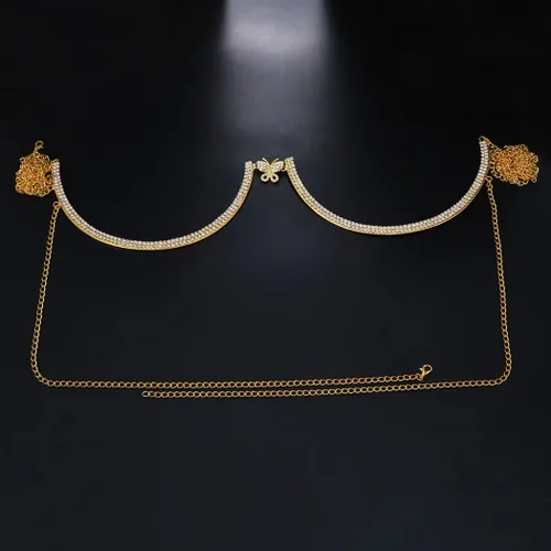 Miniatura 6 de Jeweky Cadena de cuerpo con diamantes de imitación dorados, soporte de pecho, cadenas de brasier, joyería para el cuerpo, bikini, discoteca