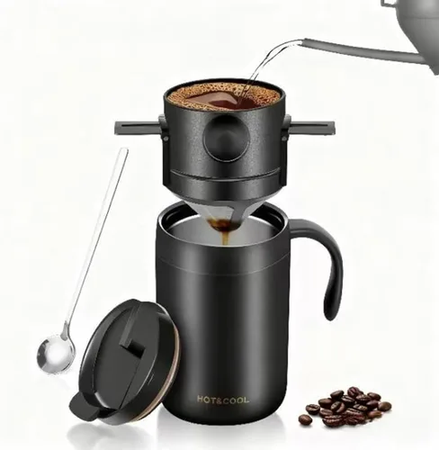 Cafetera portátil de 16 onzas con filtro plegable y agitador, taza de viaje aislada de acero inoxidable con tapa, no necesita filtro de papel, sin