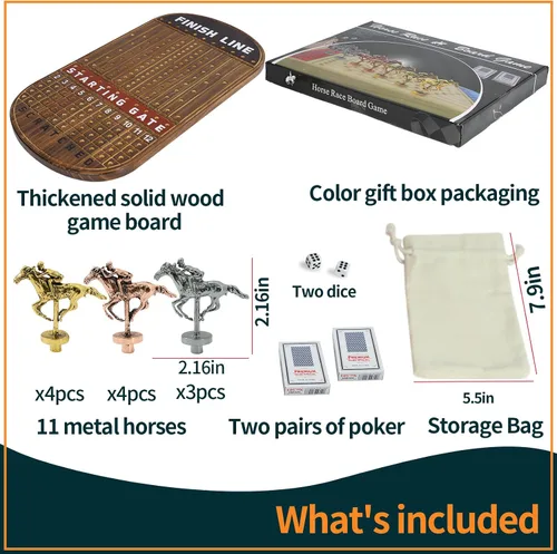 Miniatura 2 de Jyquorp Juego de mesa de carreras de caballos, juego de carreras de madera maciza con 11 lujosos caballos de metal clásicos duraderos con 4 dados