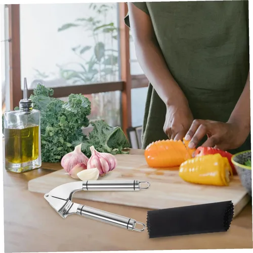 Miniatura 5 de Prensa manual de ajo de acero inoxidable con pelador, herramienta de picadora multifuncional para trituración de ajo, jengibre, fácil de limpiar