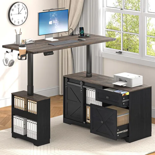 Miniatura 3 de St.Mandyu 55" Farmhouse L Shaped Electric Standing Desk with Sliding Door Storage, Height Adjustable Sit Stand Corner Computer Desk with Power