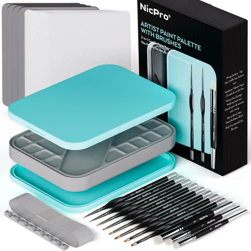 Nicpro Kit de pintura en miniatura con paleta húmeda y 11 pinceles de pintura para detalles, cepillo seco, 100 piezas de papel de paleta húmeda, 4