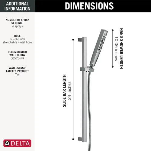 Miniatura 3 de Delta Faucet Tetra H2Okinetic - Barra deslizante de mano con manguera, cabezal de ducha de mano cromado, ducha de mano con barra deslizante, ducha