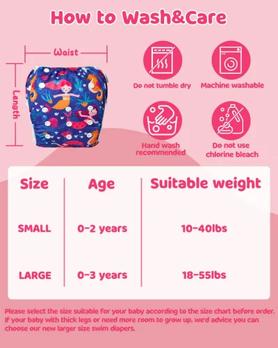 Miniatura 51 de Alva, Pañales de bebé para nadar, paquete de 2 unidades, talle único, reutilizable, lavable y ajustable de 0 a 36 meses. Tamaño de 10 a 40 lbs